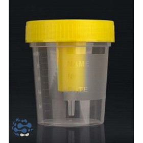 Pot urine 120mL PP, aseptique, gradué, bouchon vis jaune, sys. aspiration pour tubes sous vide, zone marquage, emb. Ind. (x250)