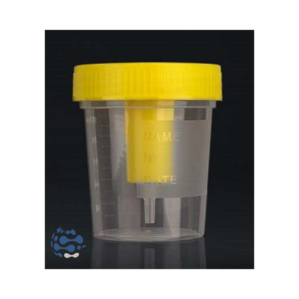 Pot urine 120mL PP, aseptique, gradué, bouchon vis jaune, sys. aspiration pour tubes sous vide, zone marquage, emb. Ind. (x250)