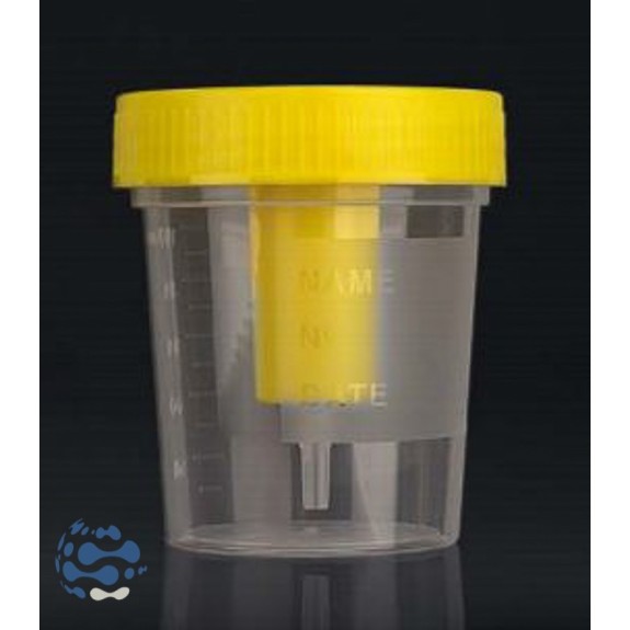 Pot urine 120mL PP, aseptique, gradué, bouchon vis jaune, sys. aspiration pour tubes sous vide, zone marquage, emb. Ind. (x250)